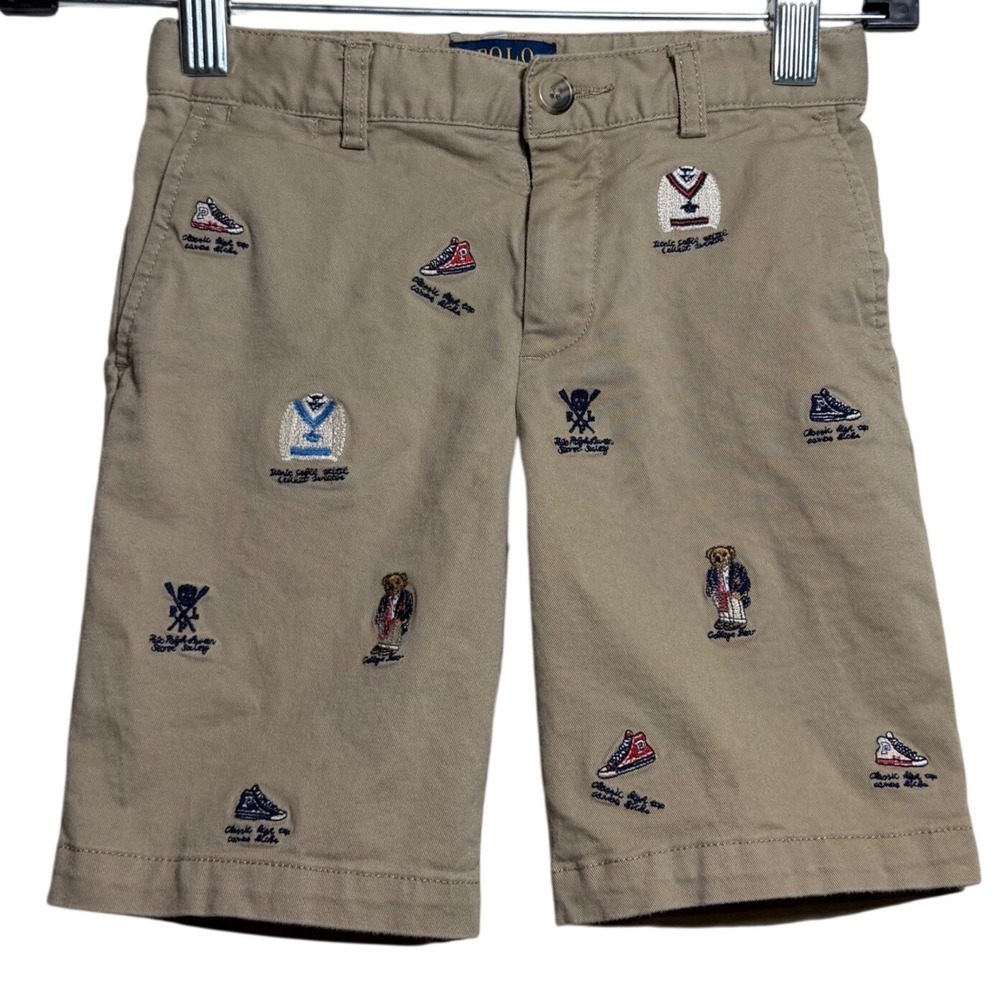 Polo Ralph Lauren Boys Tan Khaki Embroidered Polo Bear Chino Shorts Size 5